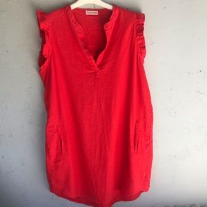 red linnen summer dress with ruffle sleeves